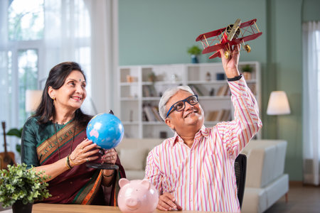indian senior retired couple planning Vacation with laptop, toy plane, globe modelの写真素材
