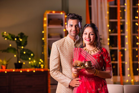 Indian married young couple celebrating diwali festival holding puja thali and sweets while sitting...