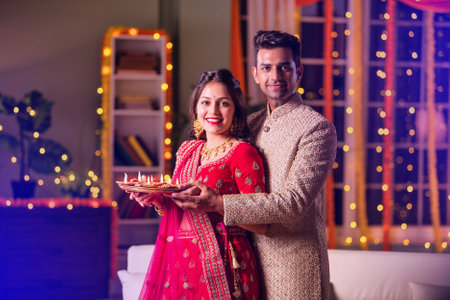 Indian married young couple celebrating diwali festival holding puja thali and sweets while sitting on sofaの写真素材