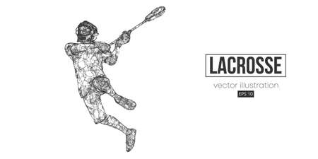 Abstract silhouette of a wireframe lacrosse player from particles on the white background.のイラスト素材