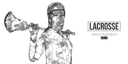Abstract silhouette of a wireframe lacrosse player from particles on the white background.のイラスト素材
