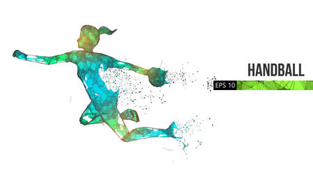 Abstract silhouette of a wireframe handball player from particles on the backgroundのイラスト素材