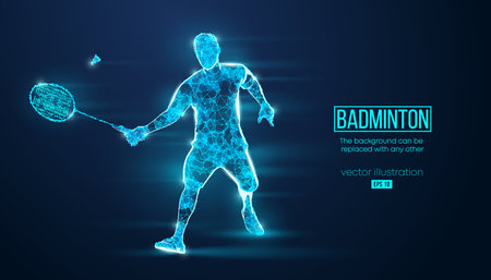 Abstract silhouette of a wireframe badminton player from particles on the background.のイラスト素材