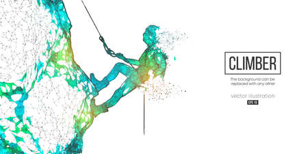 Abstract wireframe silhouette of a young man climbing on a rock wall on the white background. Vector illustrationのイラスト素材