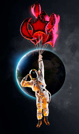 Astronaut with balloons and planets on the background of the Earth and space. Vector illustrationのイラスト素材