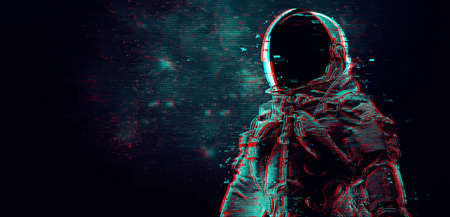 Glitch astronaut on the background of the moon and space. Digital pixel noise abstract design. Vector illustrationのイラスト素材