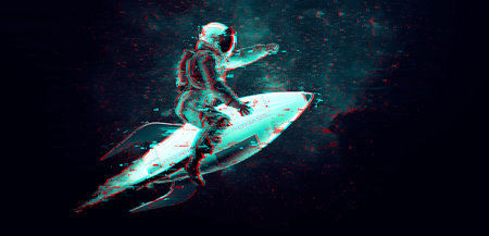 Glitch astronaut on the background of the moon and space. Digital pixel noise abstract design. Vector illustrationのイラスト素材