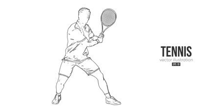 Abstract silhouette of a tennis player on white background. Tennis player man with racket hits the ball. Vector illustrationのイラスト素材