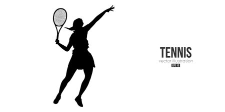 Abstract silhouette of a tennis player on white background. Tennis player woman with racket hits the ball. Vector illustrationのイラスト素材