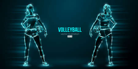 Abstract silhouette of a volleyball player on blue background. Volleyball player woman hits the...