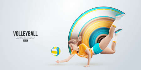 Realistic silhouette of a volleyball player on white background. Volleyball player woman hits the ball. vector illustrationのイラスト素材