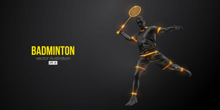 Abstract silhouette of a badminton player on black background. The badminton player man hits the shuttlecock. vector illustrationのイラスト素材