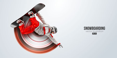 Realistic silhouette of a snowboarding on white background. The snowboarder man doing a trick. Carving. Vector illustrationのイラスト素材