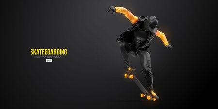 Abstract silhouette of a skateboarder on black background. The skateboarder man is doing a trick. street skateboarding. vector illustrationのイラスト素材