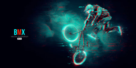 Abstract silhouette of a bmx rider, man is doing a trick, isolated on black background. Ð¡ycling sport transport. Vector illustrationのイラスト素材