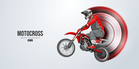 Realistic silhouette of a motocross rider, man is doing a trick, isolated on white background. enduro motorbike sport transport. vector illustrationのイラスト素材