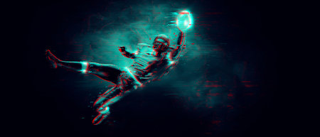 Abstract silhouette of a american football player man in action isolated black background.の写真素材