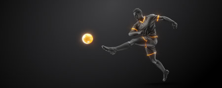 Abstract silhouette of football soccer player man in action isolated black background.の写真素材