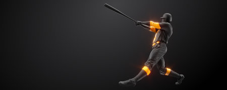 Abstract silhouette of a baseball player on black background. Baseball player batter hits the ball.