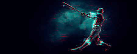 Abstract silhouette of a baseball player on black background. Baseball player batter hits the ball.