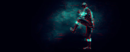 Abstract silhouette of a baseball player on black background. Baseball player batter hits the ball.の写真素材