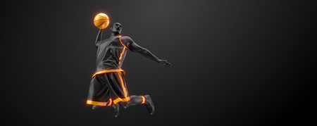 Abstract silhouette of a NBA basketball player man in action isolated black background.の写真素材