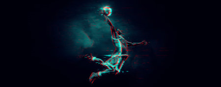 Abstract silhouette of a basketball player man in action isolated black background.の写真素材