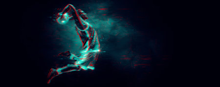 Abstract silhouette of a basketball player man in action isolated black background.