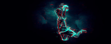 Abstract silhouette of a basketball player woman in action isolated black background.の写真素材