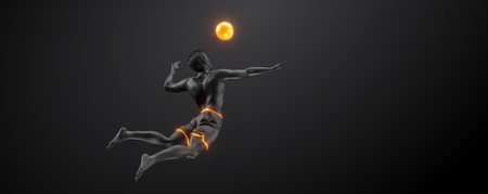 Abstract silhouette of a volleyball player on black background. Volleyball player man hits the ball.の写真素材
