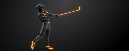 Abstract silhouette of a golf player on black background. Golfer man hits the ball. illustrationの写真素材