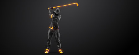 Abstract silhouette of a golf player on black background. Golfer man hits the ball. illustrationの写真素材