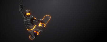Abstract silhouette of a snowboarding on black background. The snowboarder man doing a trick. carving.の写真素材