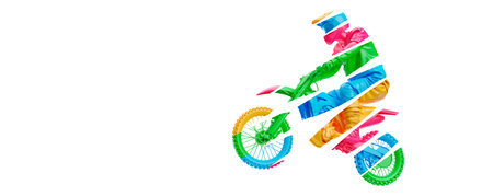 Abstract silhouette of a motocross rider, man is doing a trick, isolated on white background. enduro motorbike sport transport.の写真素材