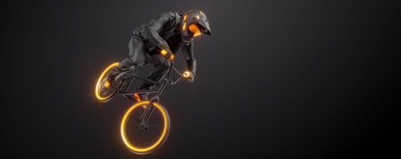 Abstract silhouette of a bmx rider, man is doing a trick, isolated on black background. Cycling sport transport.の写真素材
