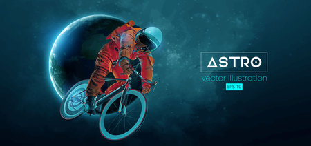 Abstract silhouette of a road bike racer, astronaut is riding on sport bicycle in space action and Earth, Mars, planets on the background of the space. Cycling sport transport. Vector illustrationのイラスト素材