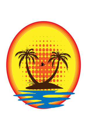 Tropical island with palm trees and sunset. Vector illustration.のイラスト素材