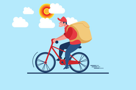 Delivery man riding bicycle with bag and sun. Vector illustration in flat styleのイラスト素材