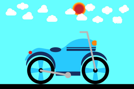 Motorcycle in the blue sky with clouds. Flat design vector illustration.のイラスト素材