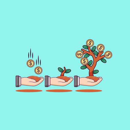 Money tree growing from pile of coins. Vector illustration in cartoon styleのイラスト素材