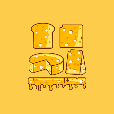 Cheese icon. Vector illustration of a piece of cheese on a yellow background.のイラスト素材