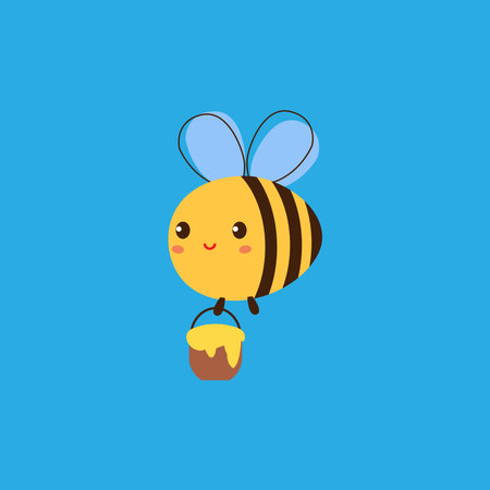Cute cartoon bee holding a cupcake on a blue background.のイラスト素材