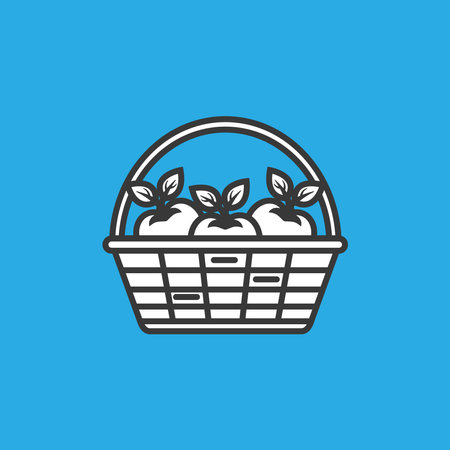 Wicker basket with apples. Outline icon for web design isolated on blue backgroundのイラスト素材