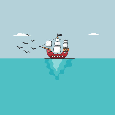 Sailing ship with seagulls in the sea. Vector illustrationのイラスト素材