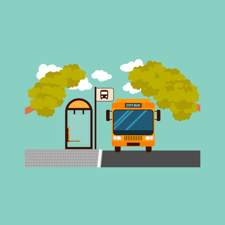 Bus stop vector illustration in flat style. Bus stop on the road.のイラスト素材