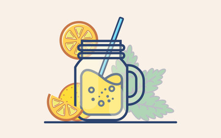 Orange juice in a mason jar with a straw. Vector illustrationのイラスト素材