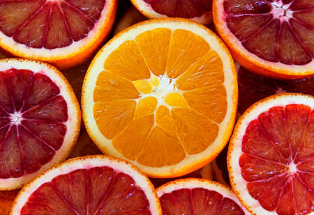 Round slices of orange and red citrusの写真素材