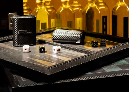Gambling Club Scene with Backgammon board with bottles in Background