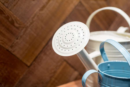 Metal Watering Cans in Wooden Shed