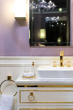 Beautifully Bright Restroom with Gold, White and Purple Furnishingsの写真素材